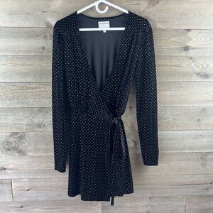 Privacy Please Womens Dress Wrap Long Sleeve Revolve Black Velour Gold Dot Small
